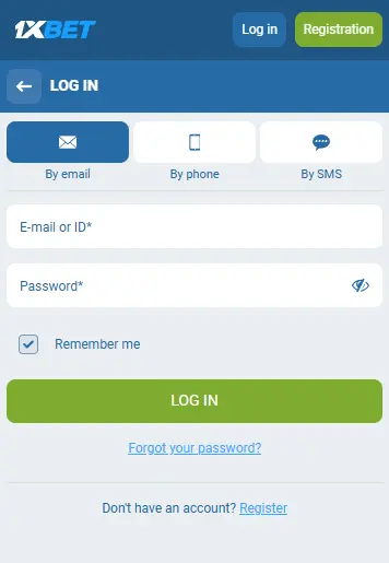 1xBet login screen — email, phone and SMS login options