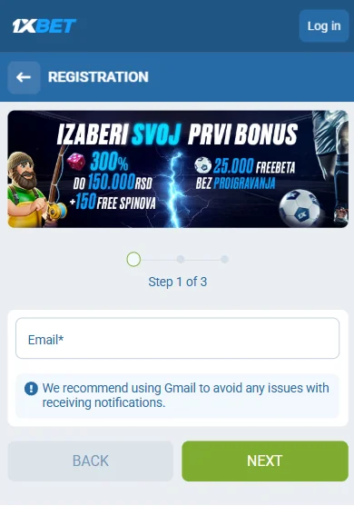 1xBet registration screen — choose bonus package, step 1 of 3